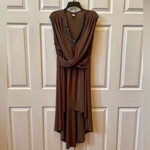 VENUS Brown High Low Dress with Beaded V-Neck